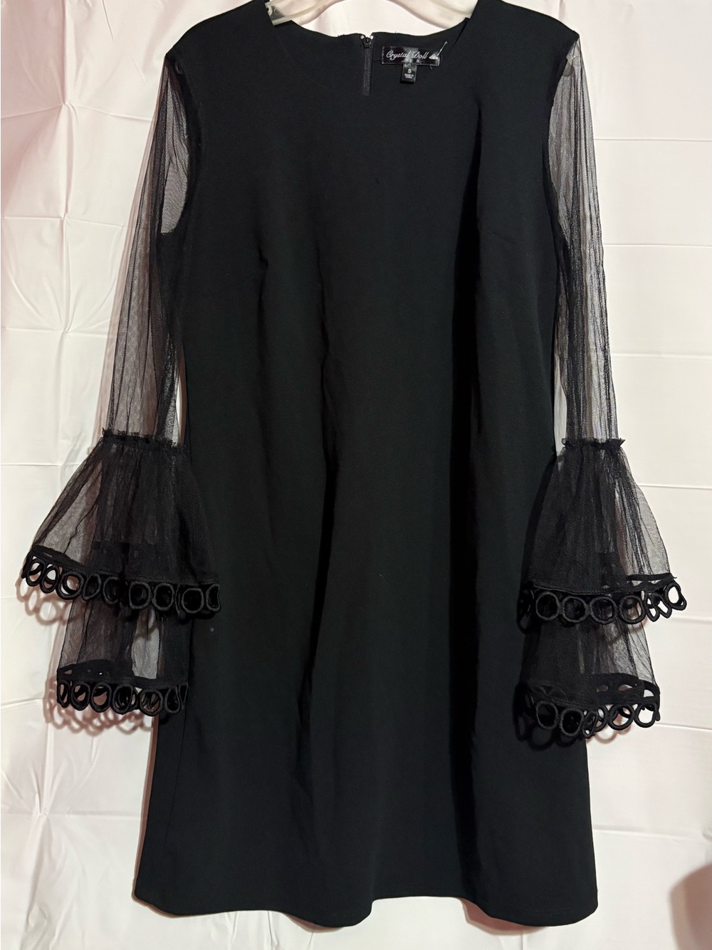 Crystal Doll Black Shift Dress with Sheer Mesh Bishop Sleeves